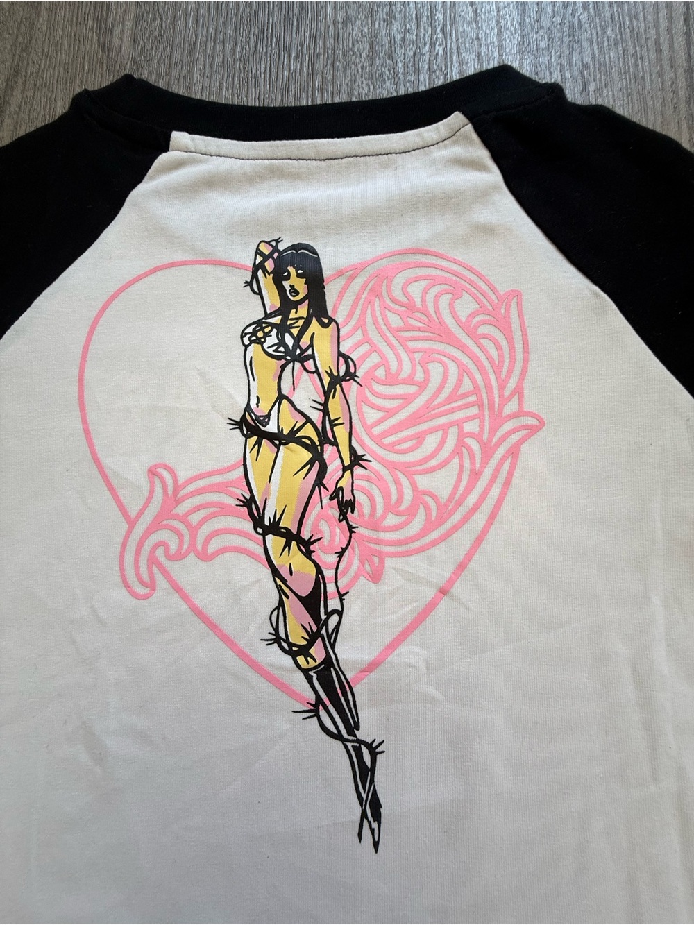 Deadly Doll Raglan Tee - Women’s Streetwear Tee – Black & White with Pink Print - Picture 6 of 7